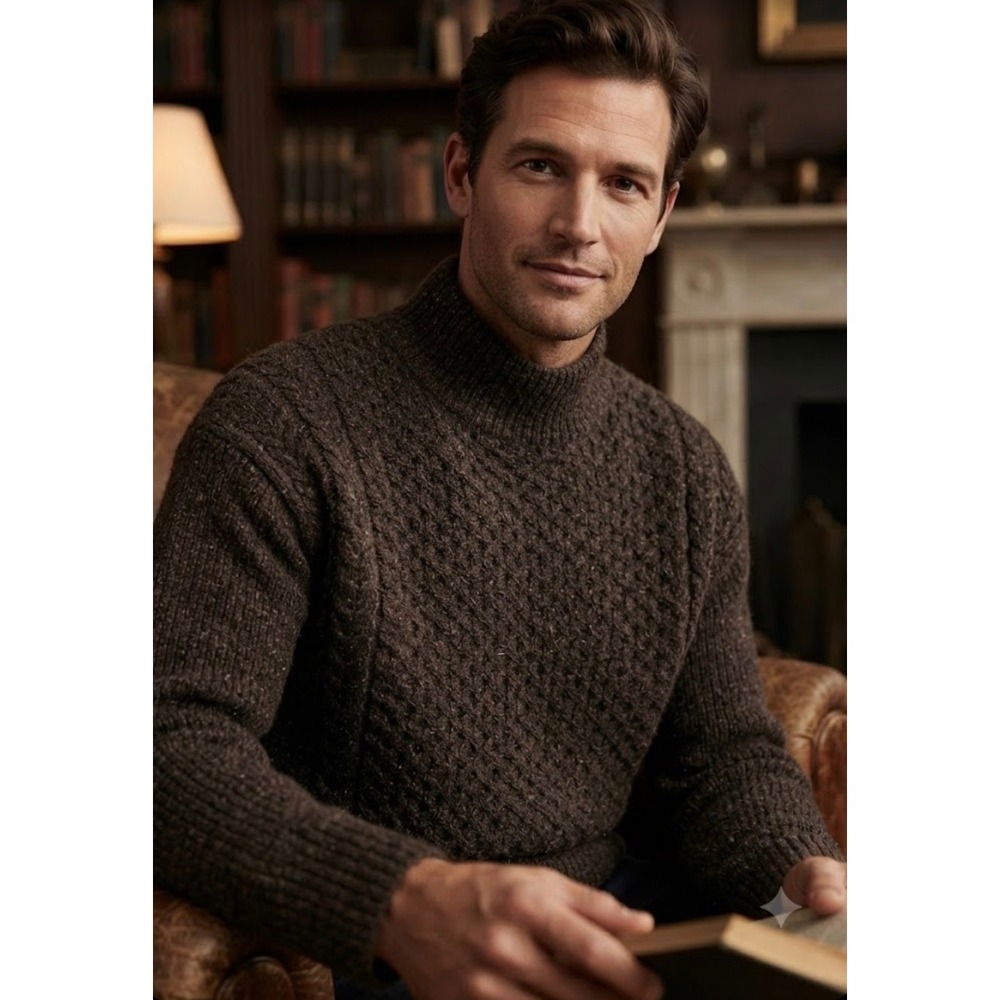AYR Mens Brown Marled Cable Honeycomb Knit Mock Neck Wool Blend Sweater Large